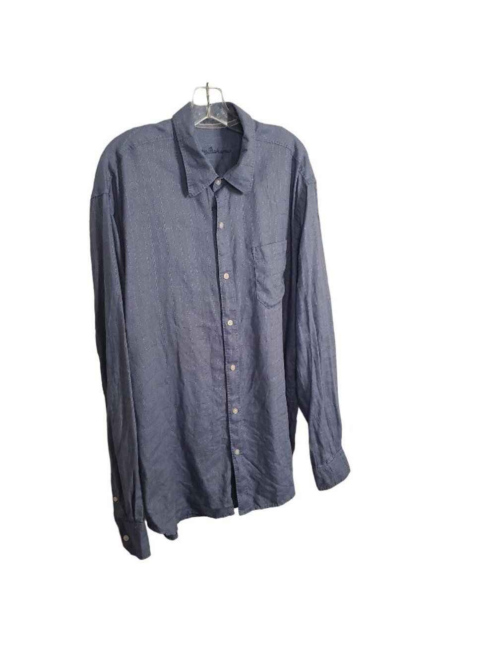 Tommy Bahama Mens Size XL Shirt 100% Linen Top Stitched Windowpane Button Blue